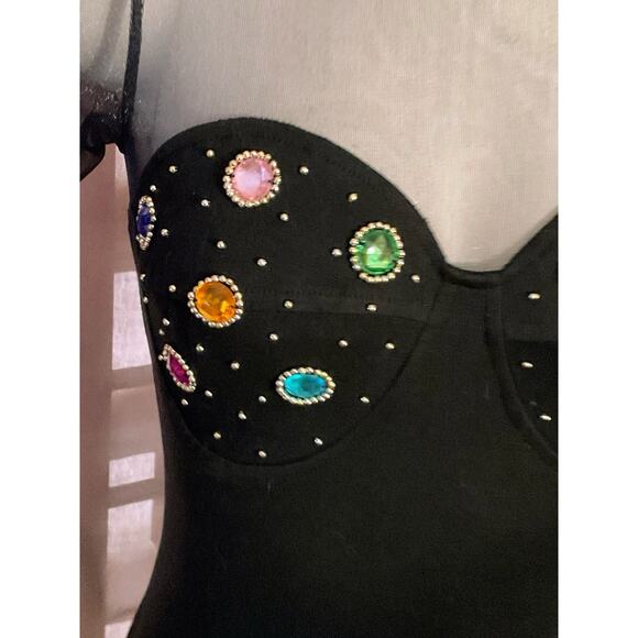 Vtg 90’s Black Sheer Crotch Snap Bodysuit Embellished Jewels Dance Stretch Med. - Picture 5 of 16